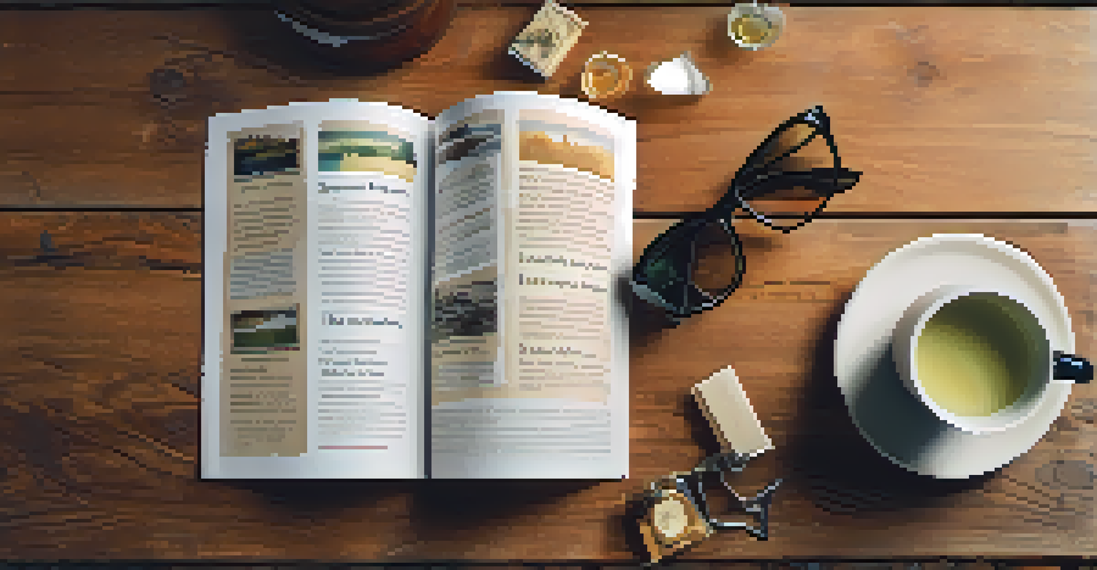 An overhead view of an open travel insurance brochure on a wooden table, with reading glasses, a cup of tea, and a globe.