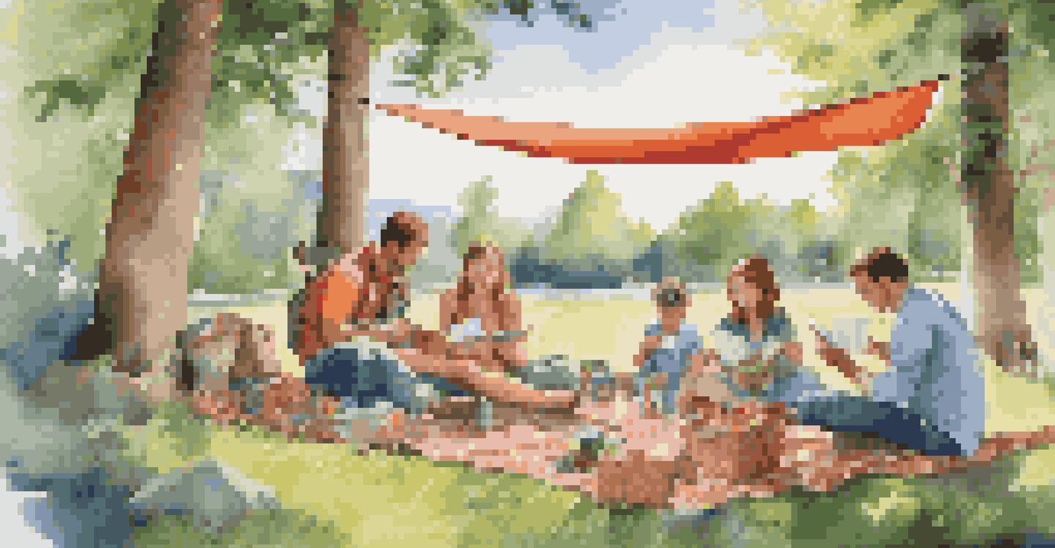 A family enjoying camping with a hammock, playing cards, and a picnic blanket.