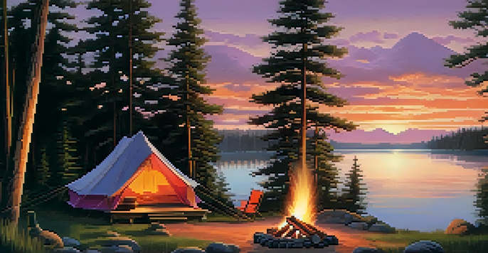 A peaceful campsite with a tent by a lake at sunset, featuring a campfire and surrounded by pine trees.