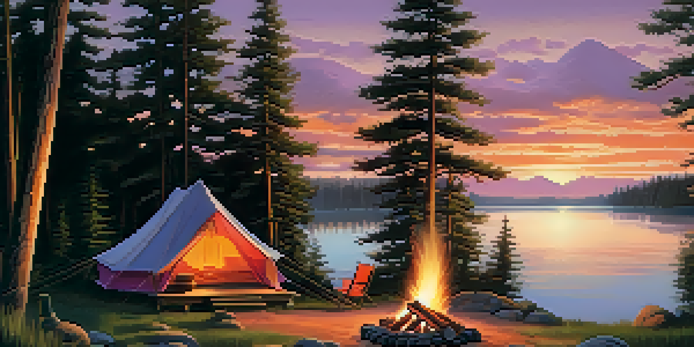A peaceful campsite with a tent by a lake at sunset, featuring a campfire and surrounded by pine trees.