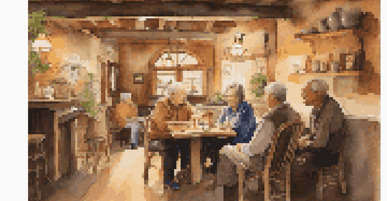 A local elder sharing stories with a small group in a warm, cozy café, showcasing the intimate atmosphere and the elder's expressive gestures.