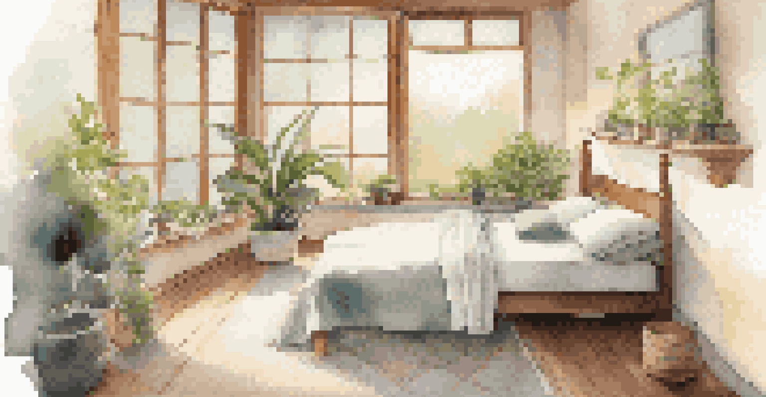 A cozy wellness retreat room with a bed, a journal, and a yoga mat, bathed in natural light.