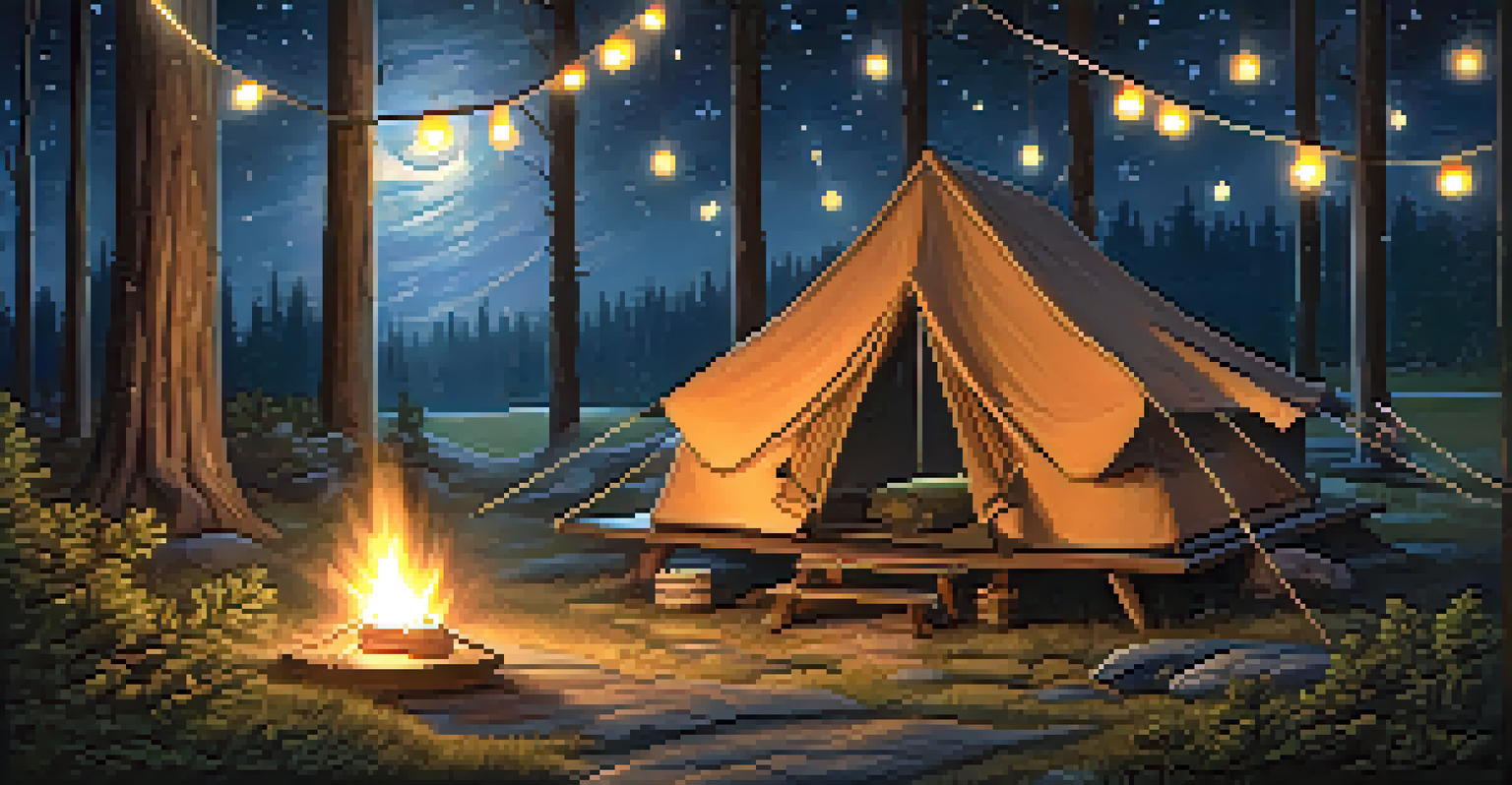 A cozy campsite with a tent and campfire in a forest, illuminated by lanterns and surrounded by trees under a starry night sky.