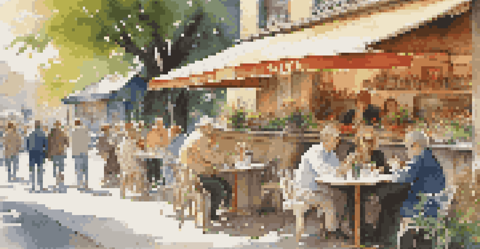 An artist creating a painting at an outdoor café, with people observing in a vibrant, sunlit setting.