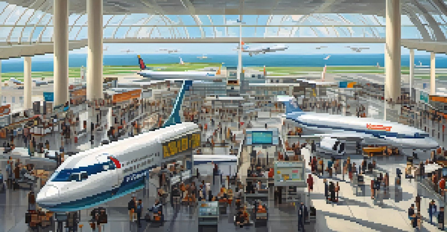 A busy airport terminal filled with travelers and luggage, showcasing modern architecture and large windows with planes outside.