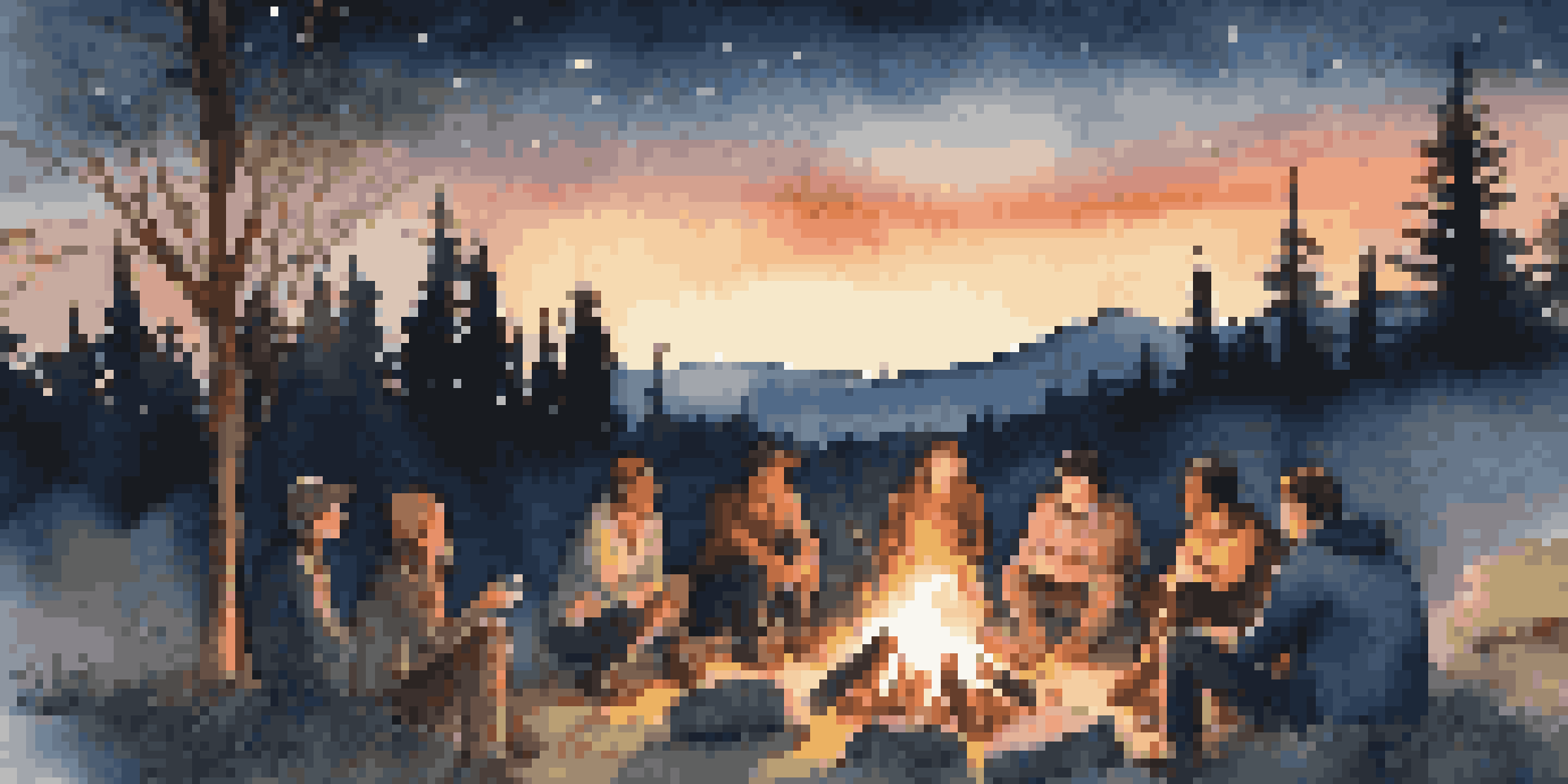 A group of travelers gathered around a campfire, sharing stories under a starry sky.