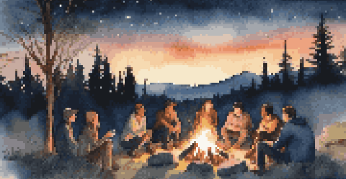 A group of travelers gathered around a campfire, sharing stories under a starry sky.