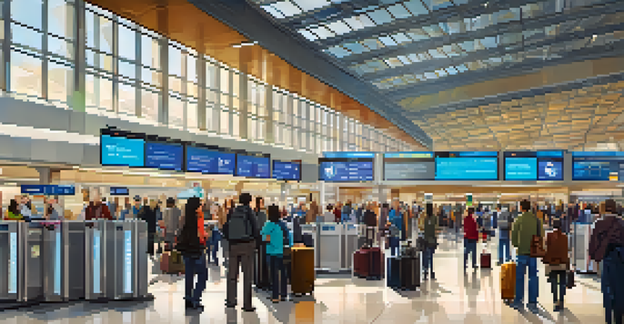 A busy airport terminal showing travelers at self-service kiosks with luggage and mobile devices, illuminated by bright lights and featuring digital flight information screens in the background.