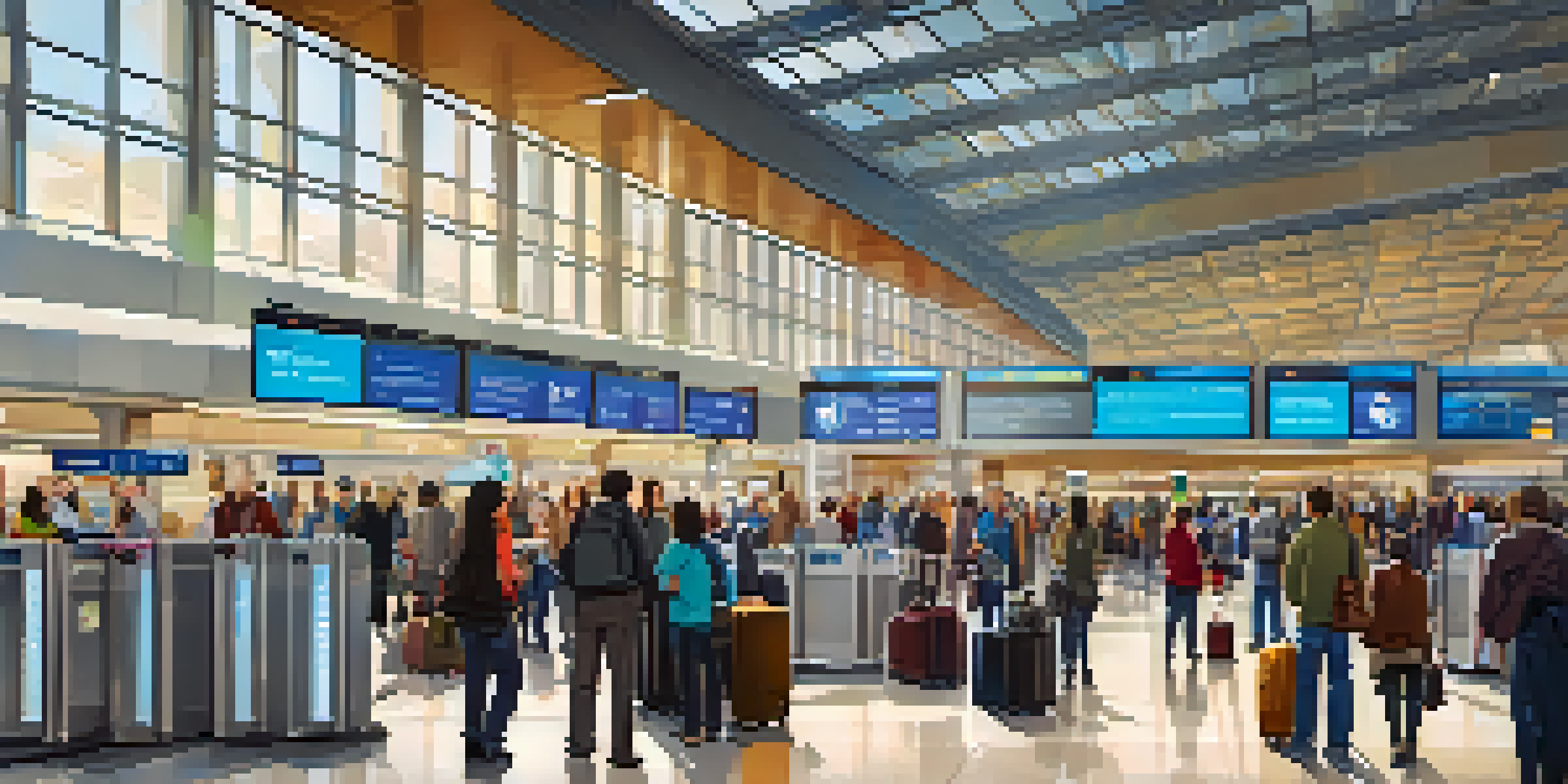 A busy airport terminal showing travelers at self-service kiosks with luggage and mobile devices, illuminated by bright lights and featuring digital flight information screens in the background.