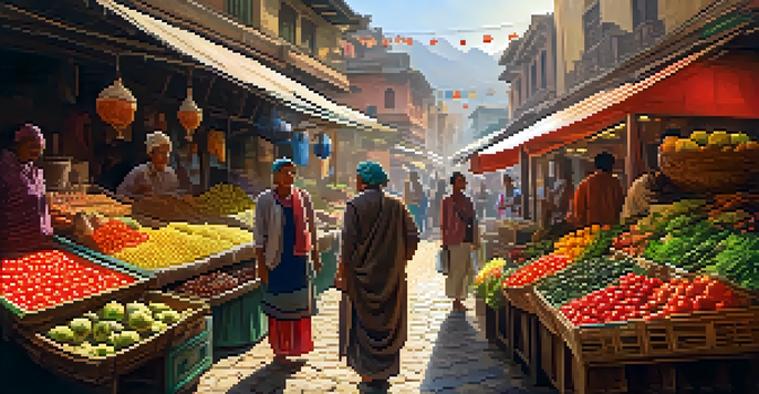 A lively market scene with a traveler engaging with a local vendor among colorful stalls and traditional architecture in the background.