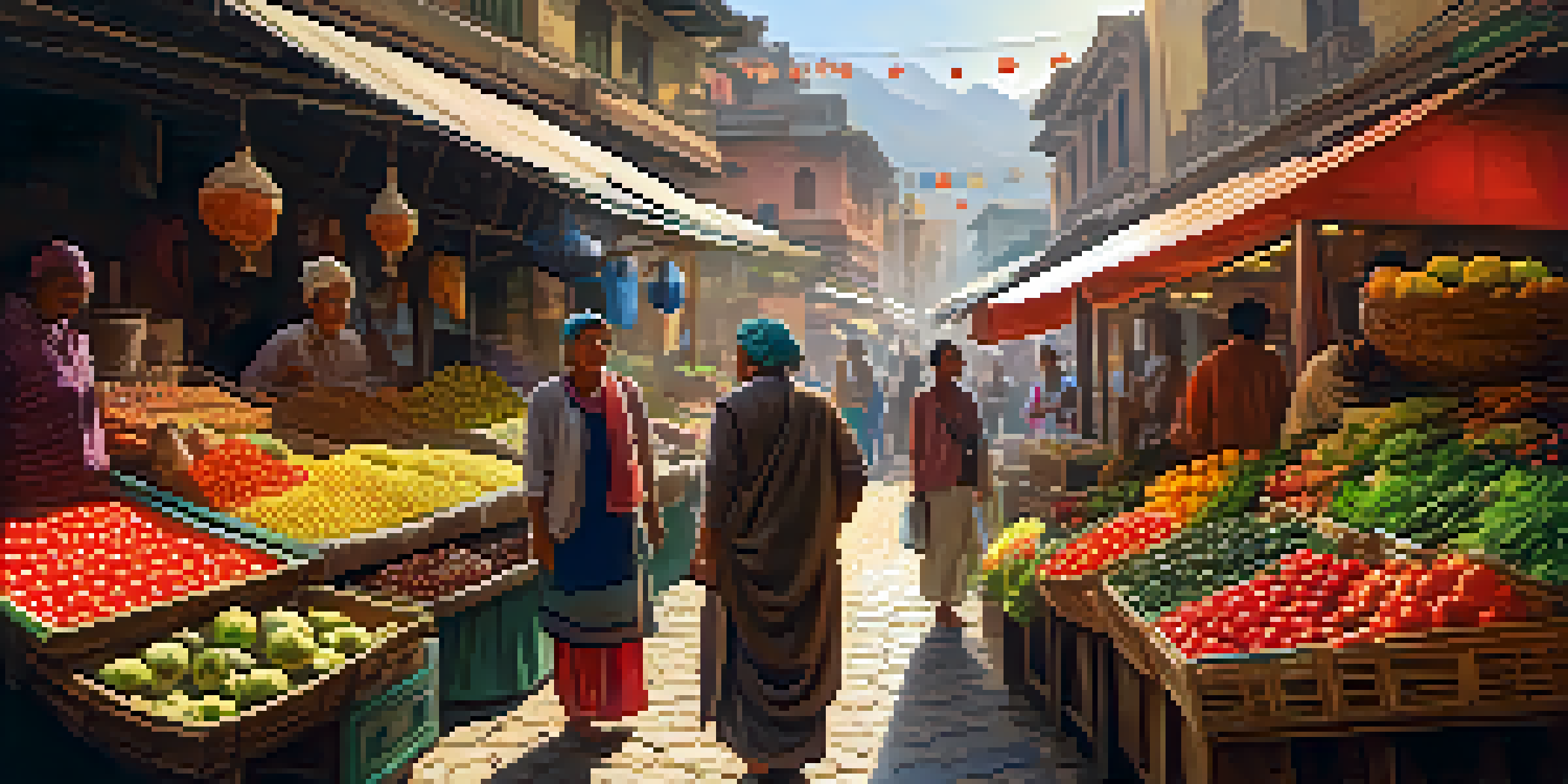 A lively market scene with a traveler engaging with a local vendor among colorful stalls and traditional architecture in the background.