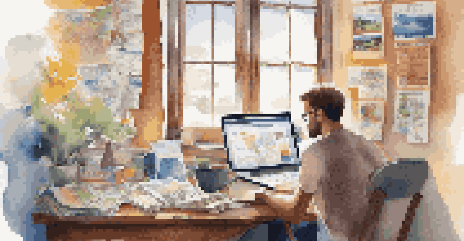 A volunteer researching grants for travel at a cozy and well-lit workspace filled with travel materials.