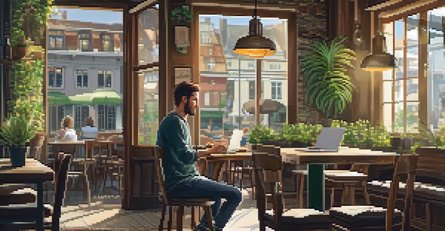 A digital nomad working on a laptop at a cozy café with rustic decor and sunlight streaming in.