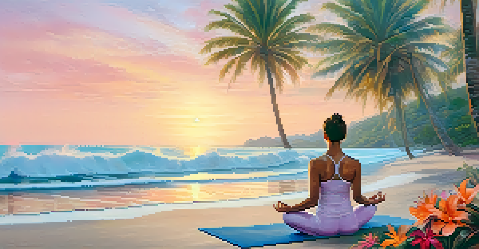 A person practicing yoga on a beach at sunrise, with gentle waves, palm trees, and a sky in soft pink and orange colors.