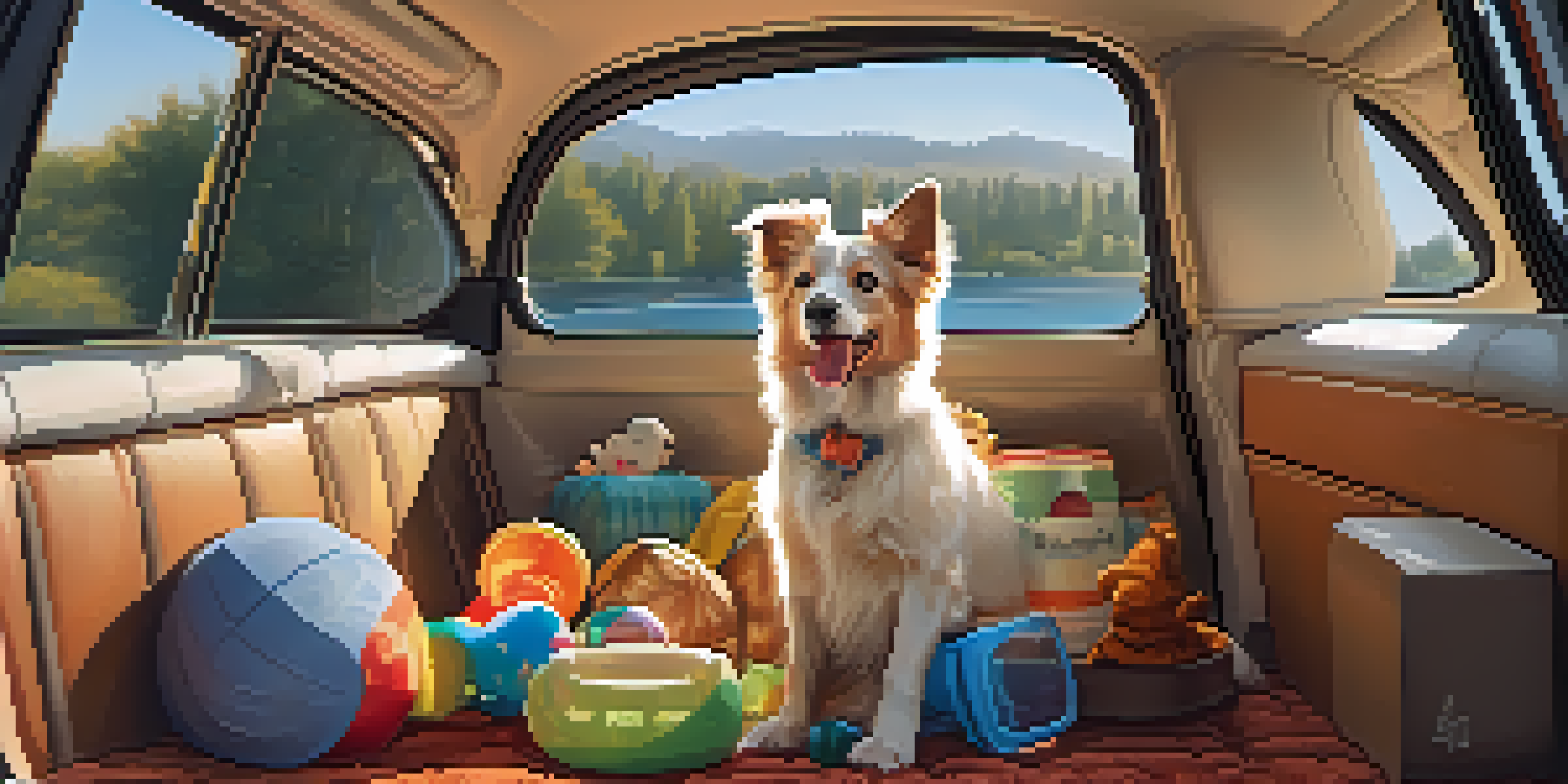 A happy dog peeking out of a pet carrier in a car, with a travel water bowl and toys nearby.