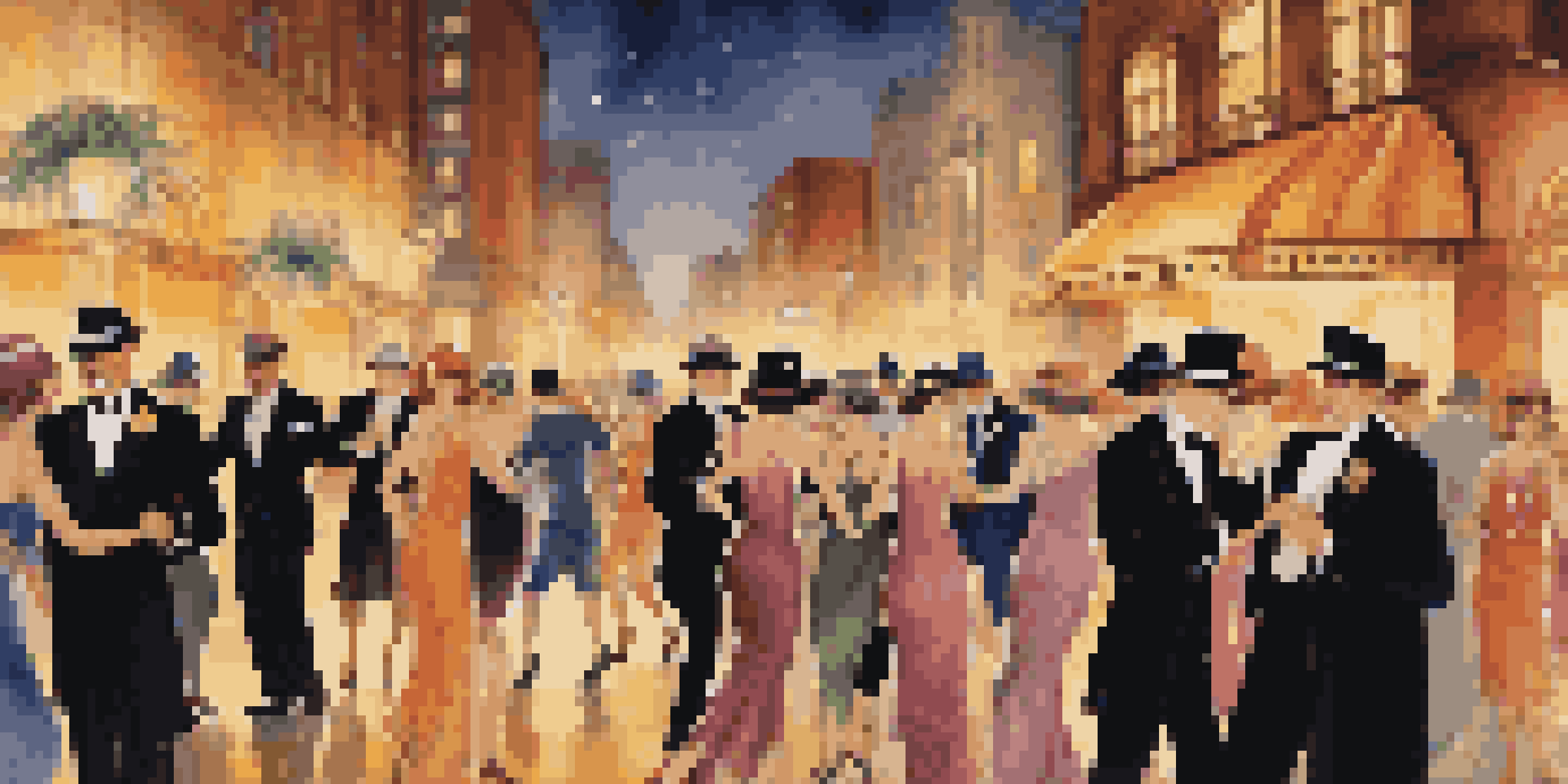 A lively street scene from the 1920s with flappers and gentlemen dancing outside a glamorous party, surrounded by Art Deco buildings illuminated by golden lights.