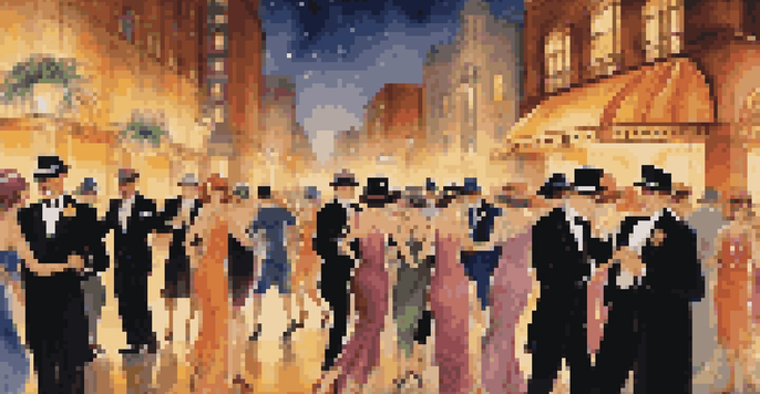 A lively street scene from the 1920s with flappers and gentlemen dancing outside a glamorous party, surrounded by Art Deco buildings illuminated by golden lights.