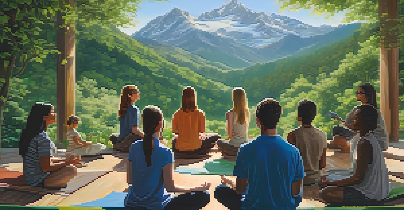 A group of people practicing mindfulness meditation in a lush mountain retreat, with towering mountains and sunlight filtering through trees.