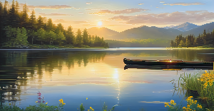 A peaceful sunrise landscape with a reflective lake, surrounded by mountains and blooming wildflowers.