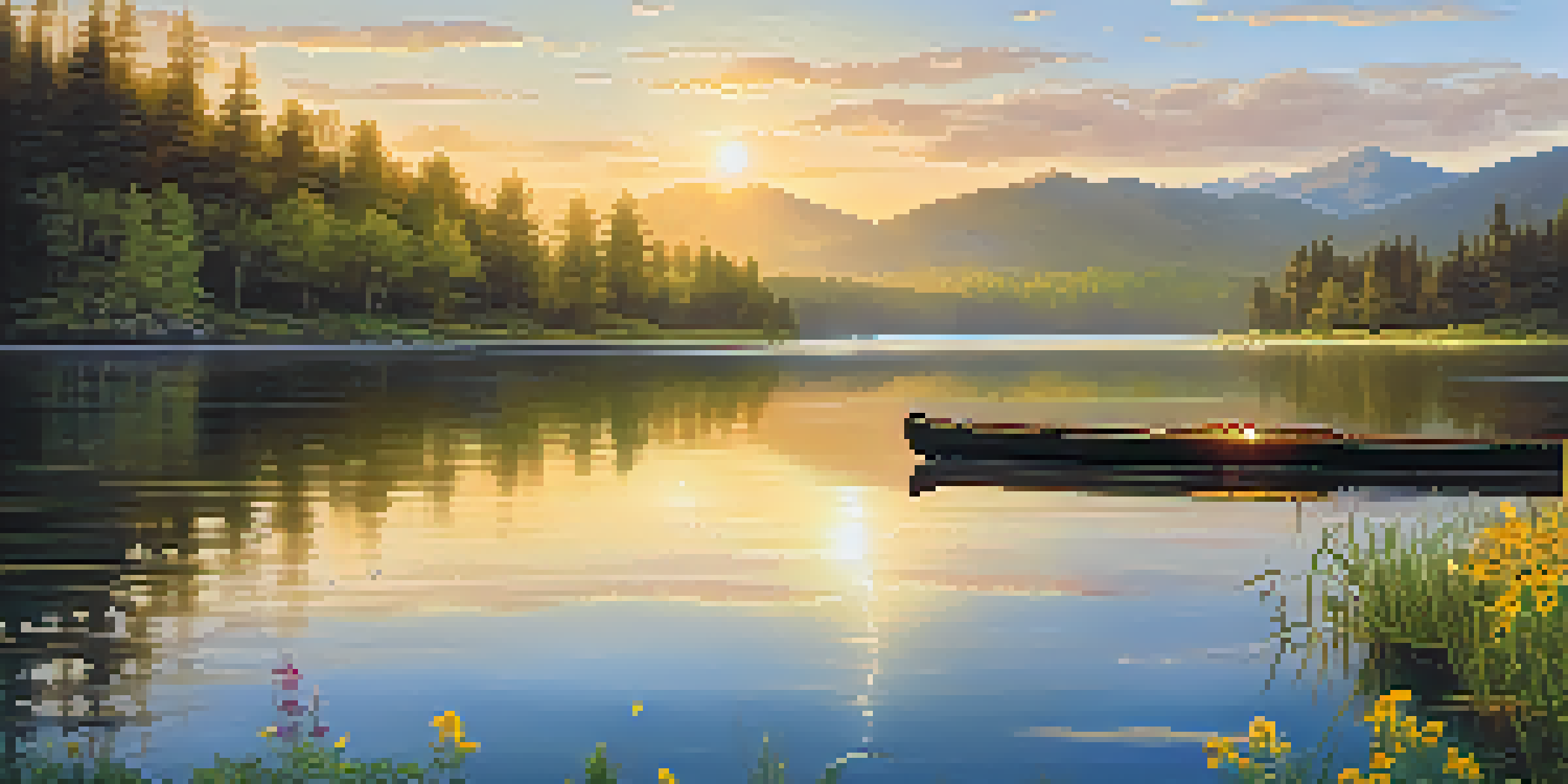A peaceful sunrise landscape with a reflective lake, surrounded by mountains and blooming wildflowers.
