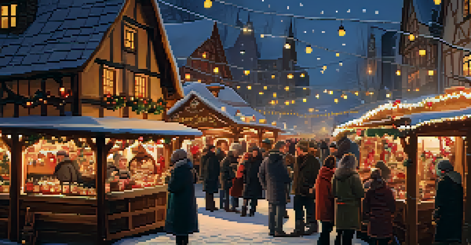 A festive German Christmas market with wooden stalls, lights, and people enjoying traditional foods and drinks.