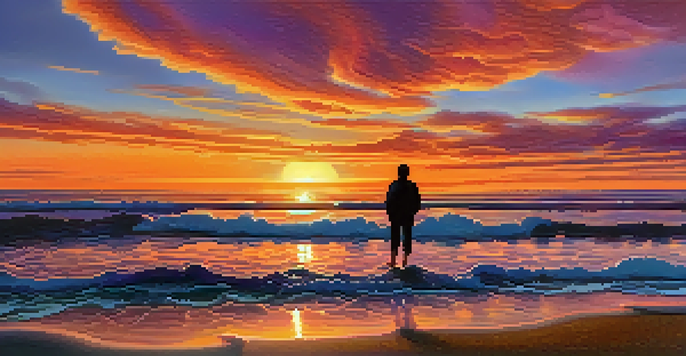 A stunning sunset over the ocean with vibrant colors reflecting on the water, and a silhouette of a traveler on the beach.