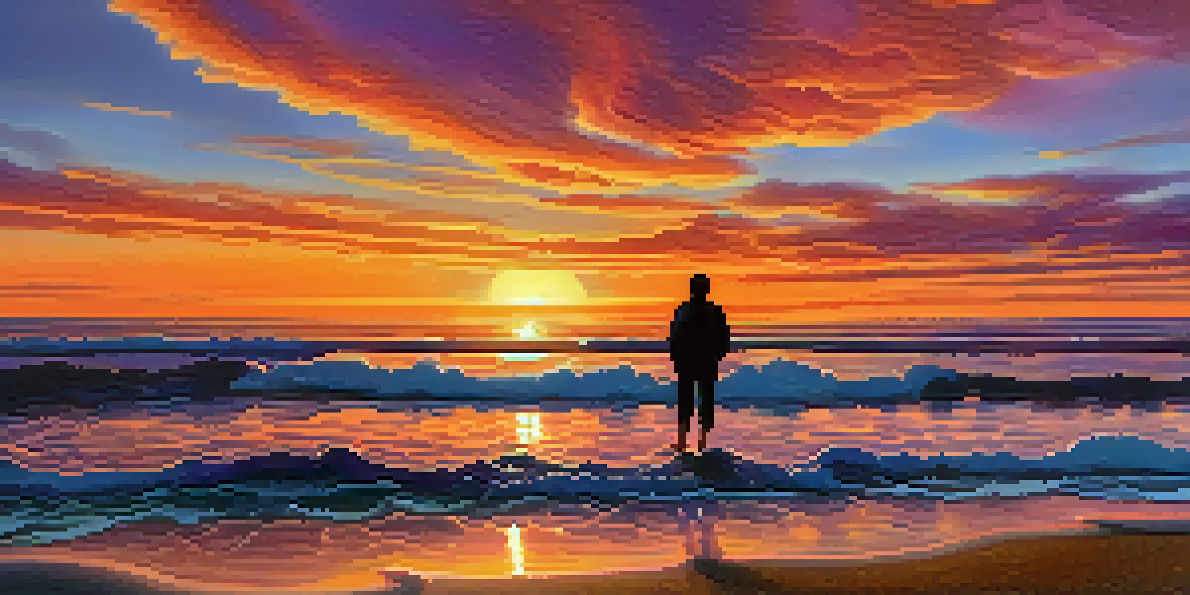 A stunning sunset over the ocean with vibrant colors reflecting on the water, and a silhouette of a traveler on the beach.