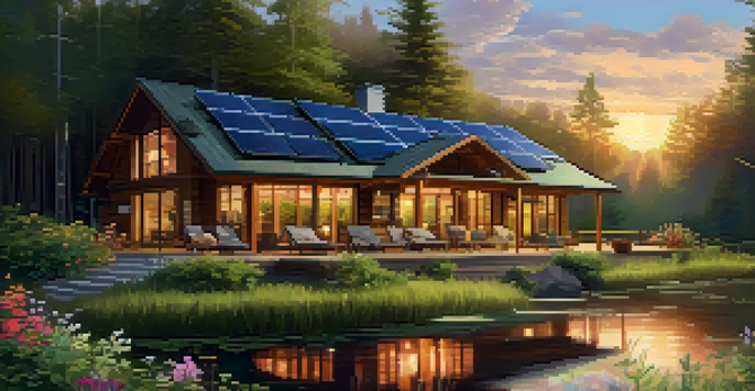 An eco-friendly lodge surrounded by a forest at sunset, with solar panels and colorful flowers.