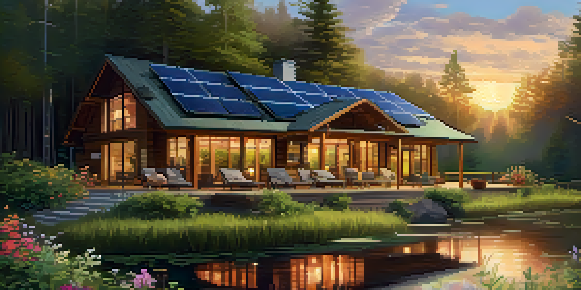 An eco-friendly lodge surrounded by a forest at sunset, with solar panels and colorful flowers.