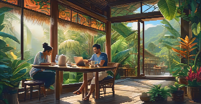 A digital nomad working on a laptop in a Bali café, surrounded by tropical plants and sunlight.