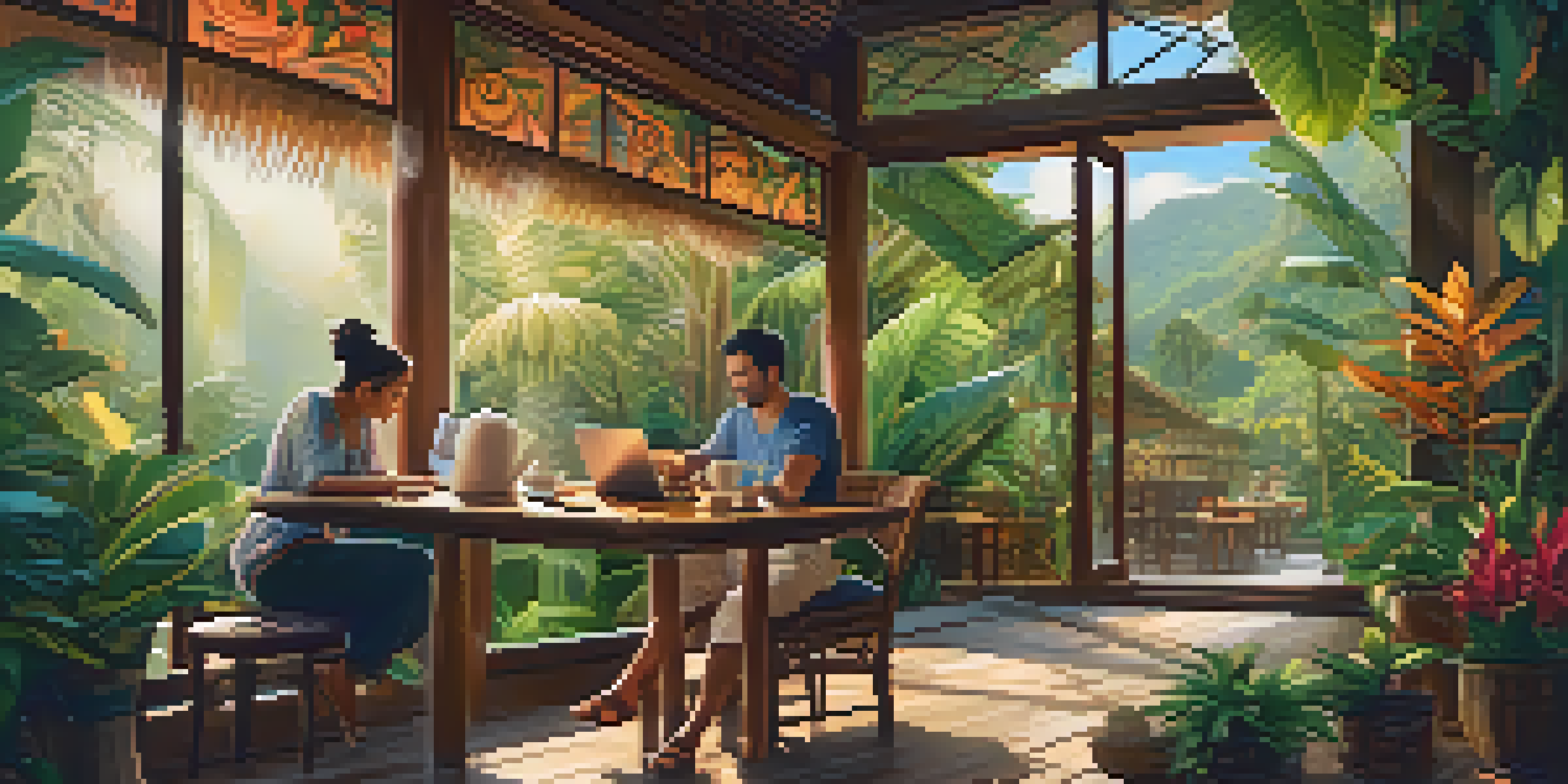 A digital nomad working on a laptop in a Bali café, surrounded by tropical plants and sunlight.