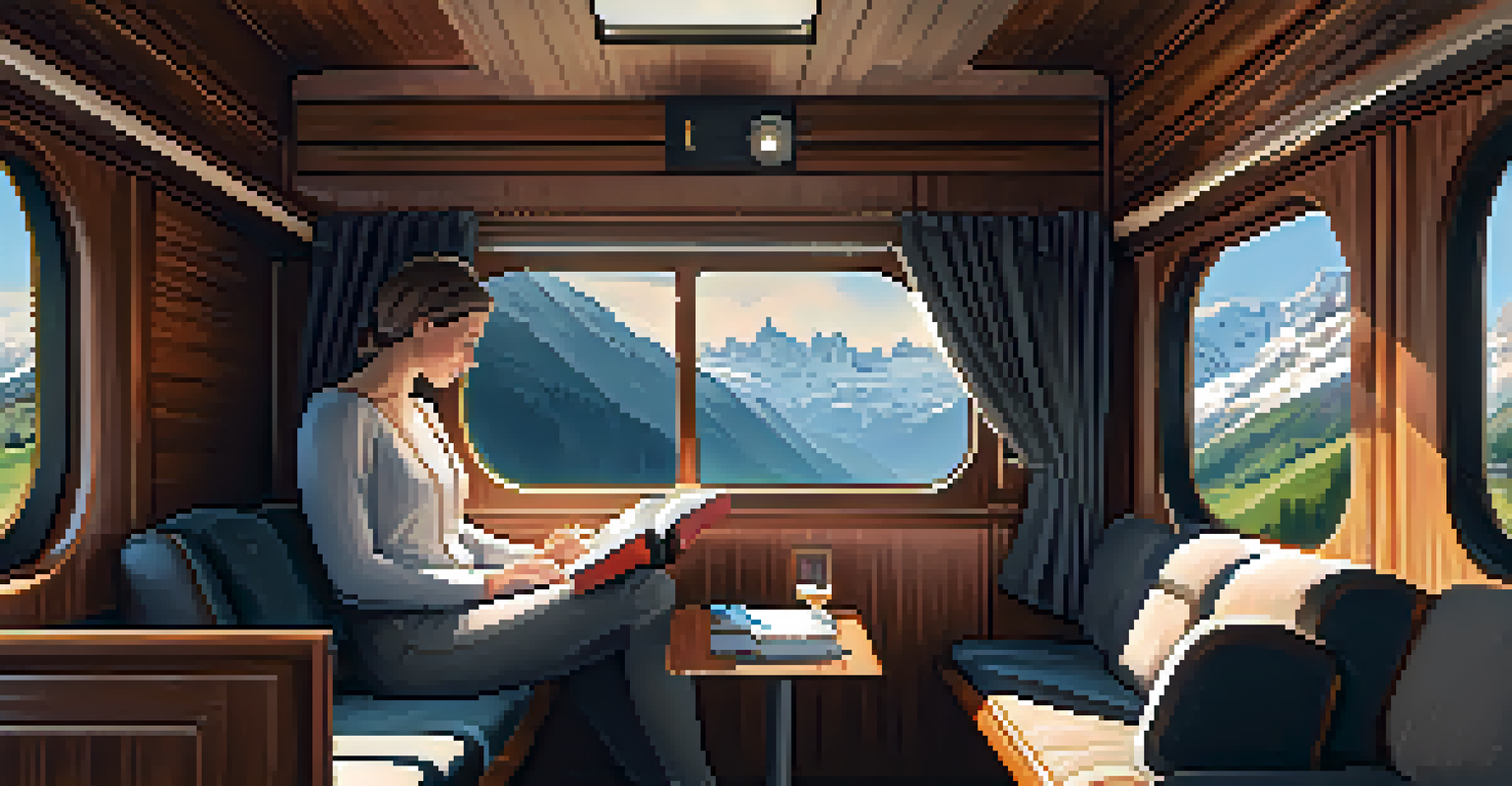 A comfortable train compartment with a traveler reading by the window, overlooking the Swiss Alps.