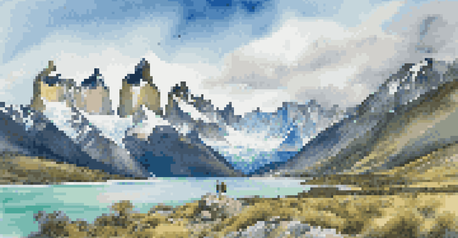Stunning landscapes of Patagonia with mountains, lakes, and hikers exploring the scenery.
