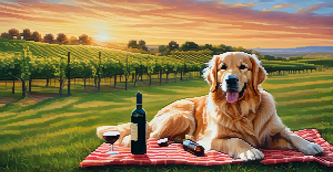 A golden retriever relaxing in a vineyard at sunset, with a picnic setup beside it.