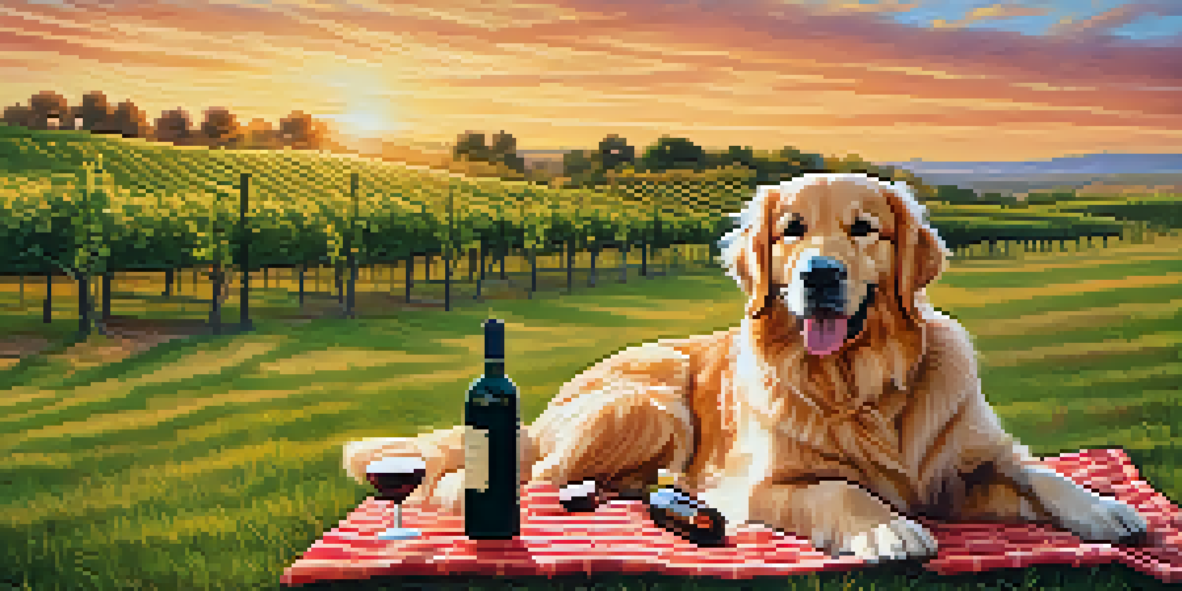 A golden retriever relaxing in a vineyard at sunset, with a picnic setup beside it.
