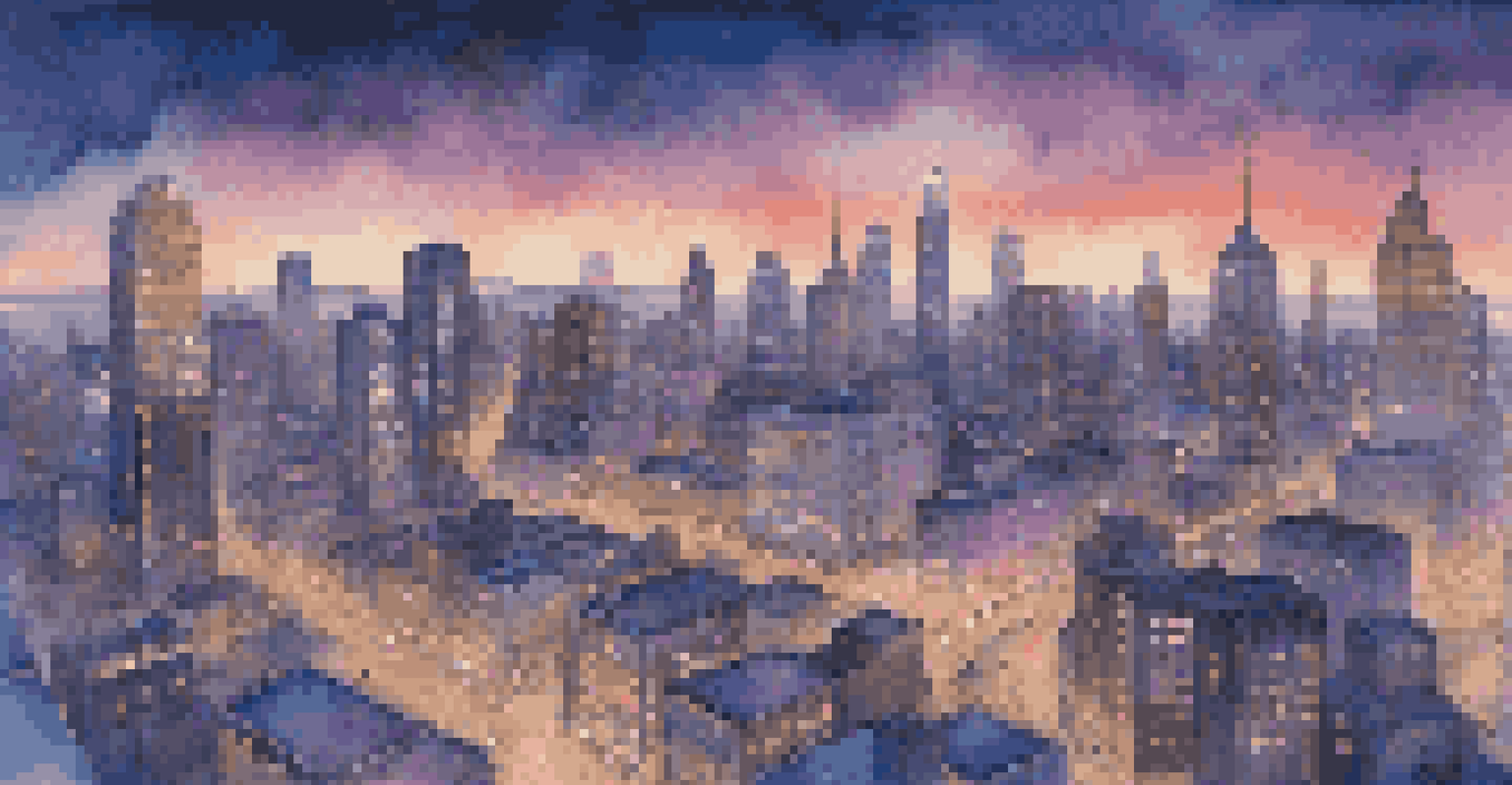 A lively cityscape at twilight with illuminated skyscrapers.