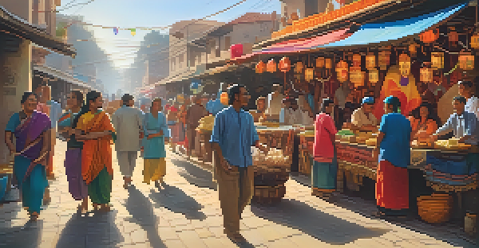 A lively street festival with diverse individuals interacting, colorful decorations, and traditional clothing.