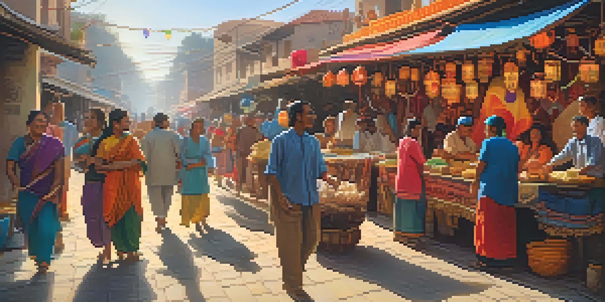 A lively street festival with diverse individuals interacting, colorful decorations, and traditional clothing.
