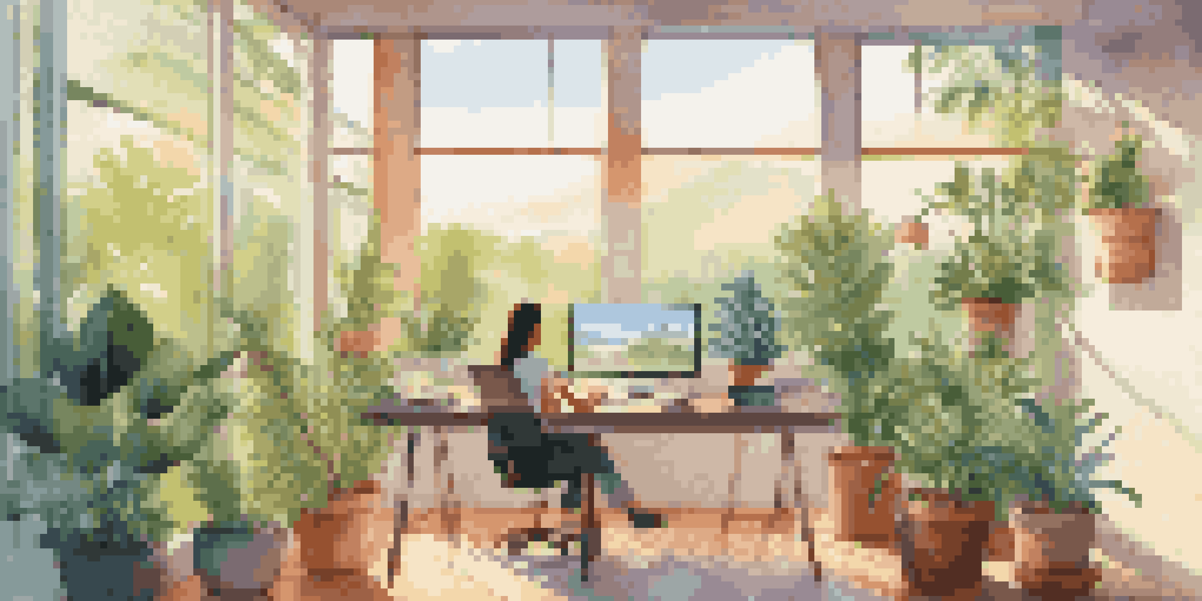 A young woman working on her laptop in a bright co-working space with a view of greenery outside and potted plants around her.