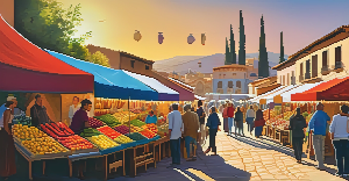 A bustling street market in Spain at sunset, filled with colorful fruits and local crafts, with travelers engaging with vendors.