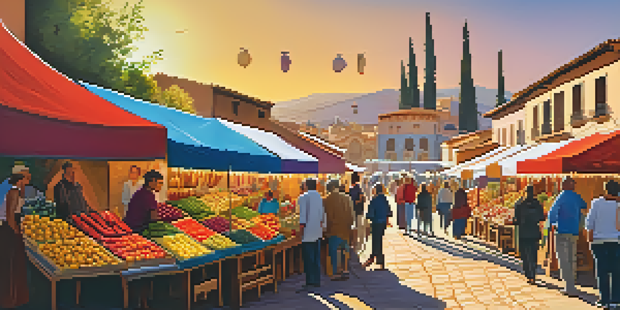 A bustling street market in Spain at sunset, filled with colorful fruits and local crafts, with travelers engaging with vendors.