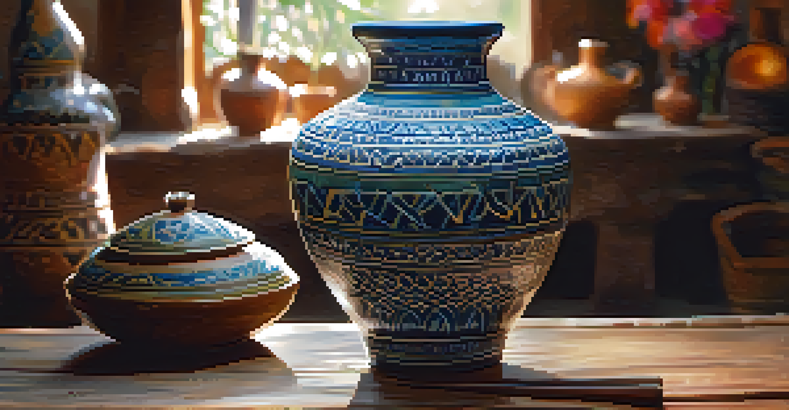 A close-up of a colorful ceramic vase with intricate patterns on a wooden table, with an artisan working in the background.