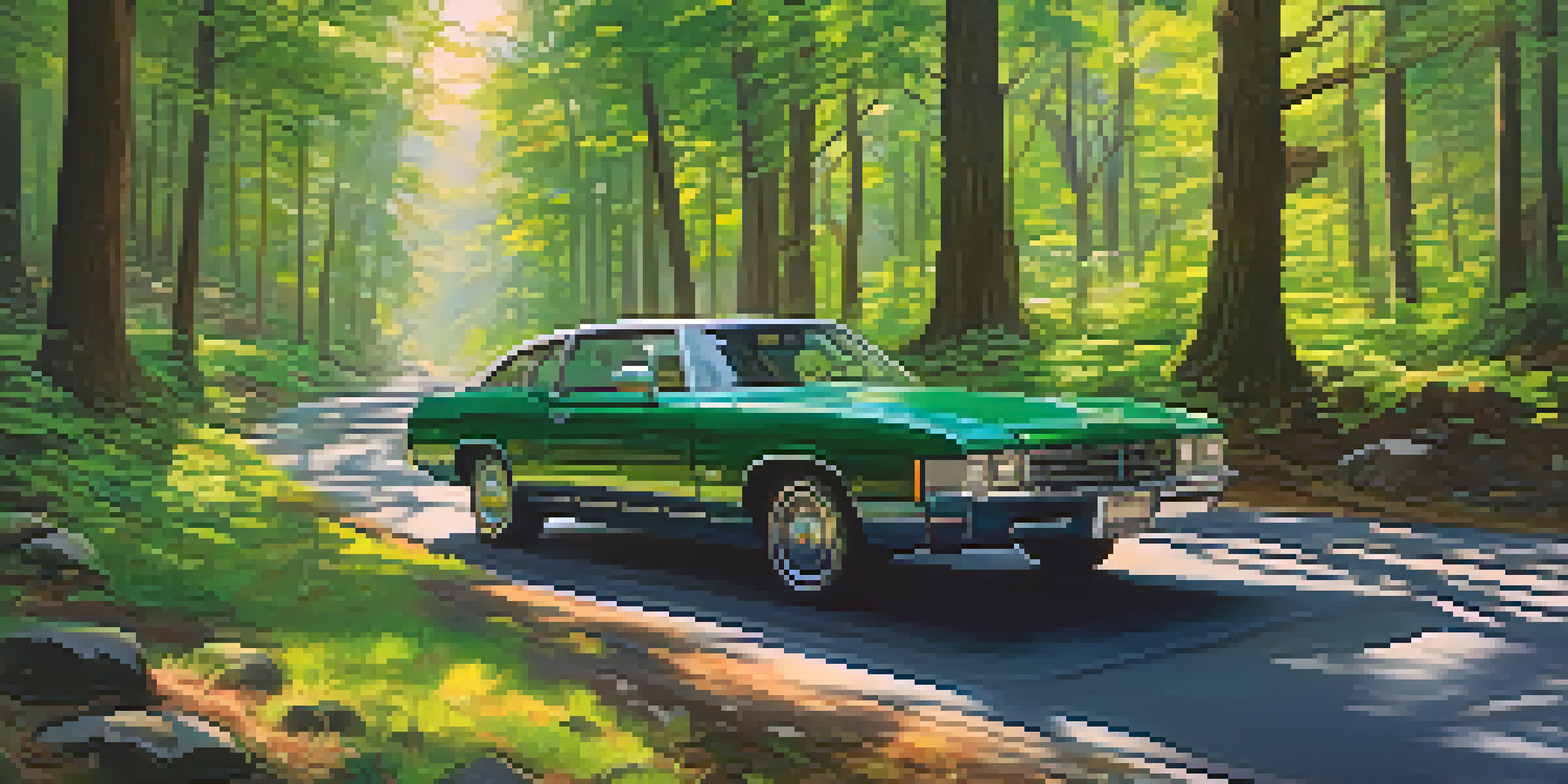 A winding road in a green forest with a GPS device visible in a car dashboard, sunlight filtering through the trees.