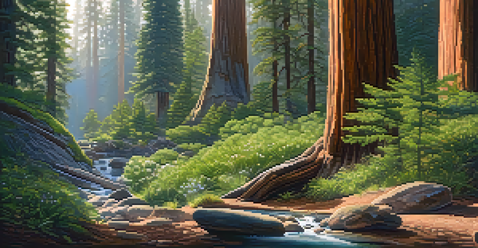 Close-up of giant sequoias in Sequoia National Park with sunlight filtering through the trees, ferns, wildflowers, and a gentle stream.