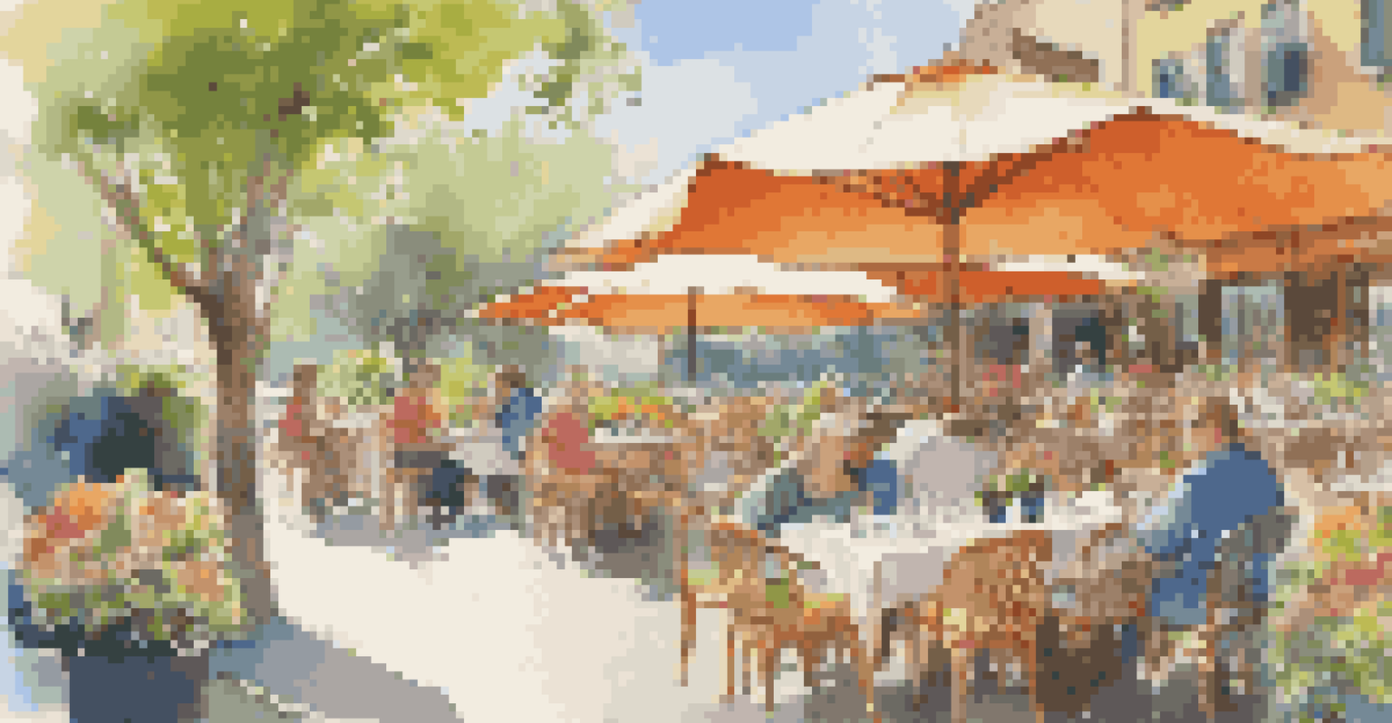 A sunny outdoor café filled with blooming flowers, travelers using devices, and cheerful decor.