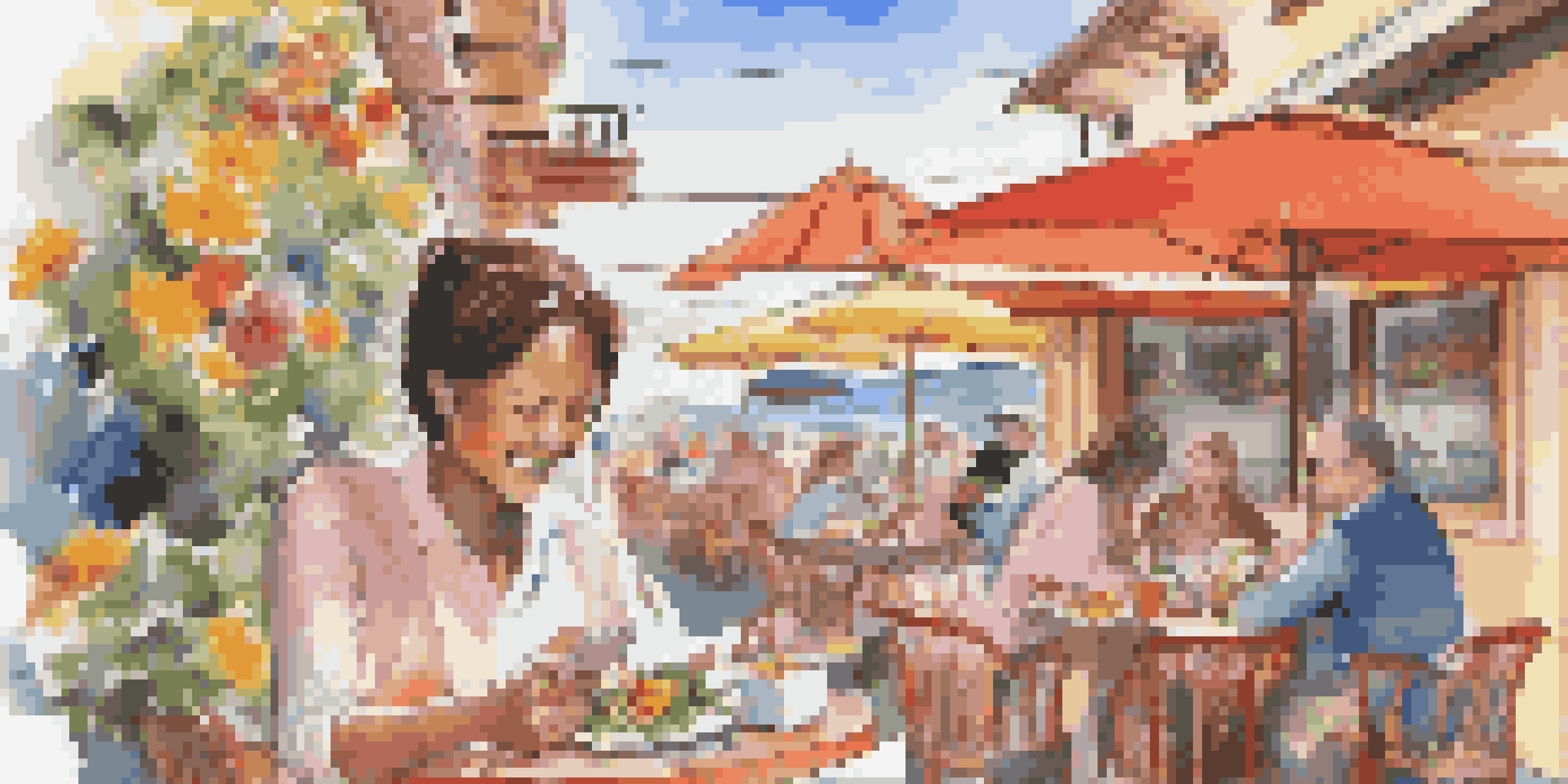 A traveler looking at a restaurant menu outside while holding a smartphone that displays a dietary app, surrounded by flowers and a bright sky.