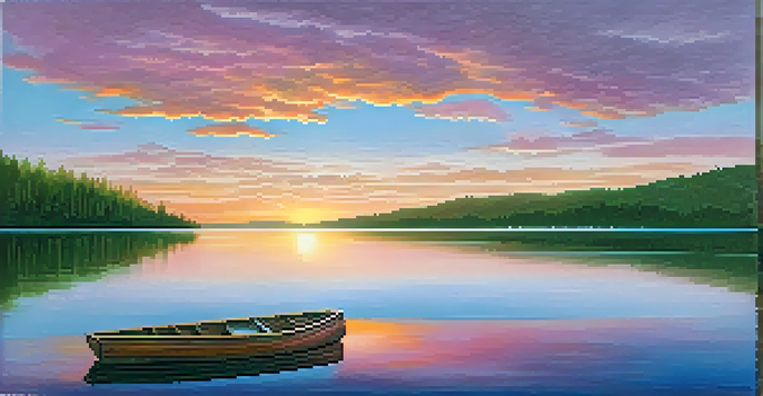 A colorful sunset over a calm lake with a wooden boat, surrounded by forests and mountains.