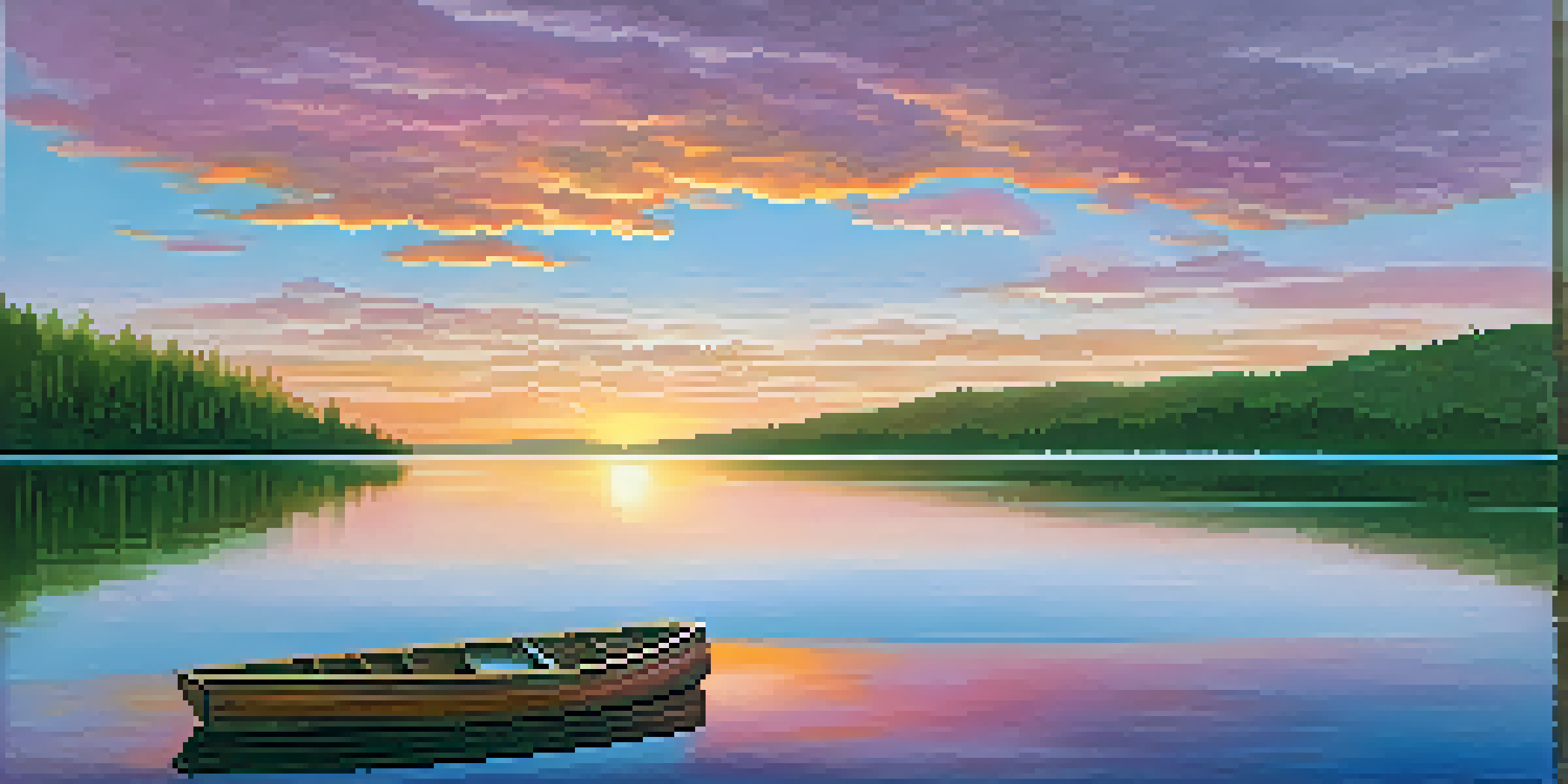 A colorful sunset over a calm lake with a wooden boat, surrounded by forests and mountains.