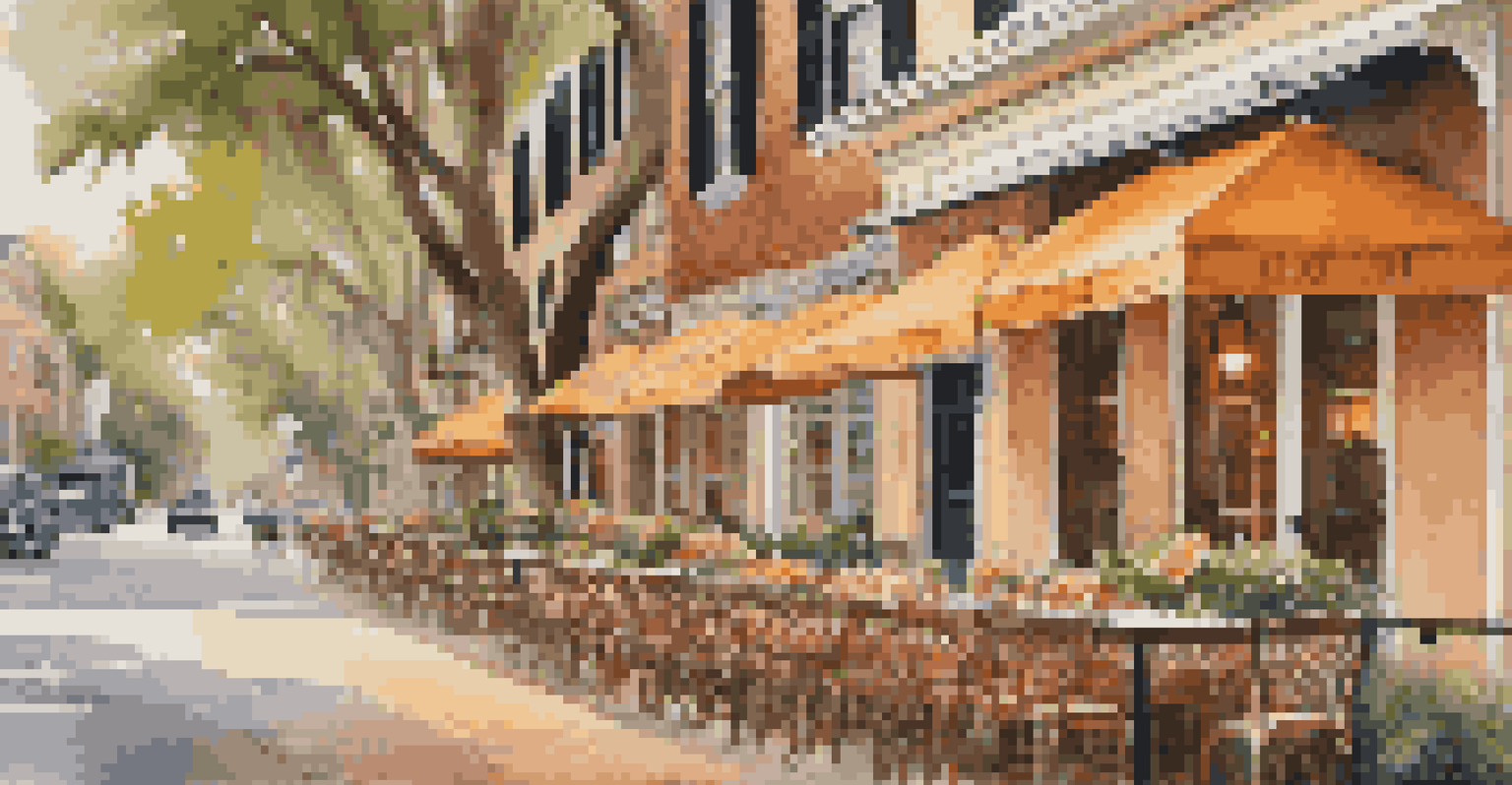 An outdoor dining area at a cafe in Savannah, showcasing tables with flowers and traditional Southern dishes, surrounded by historic buildings and a sunset glow.