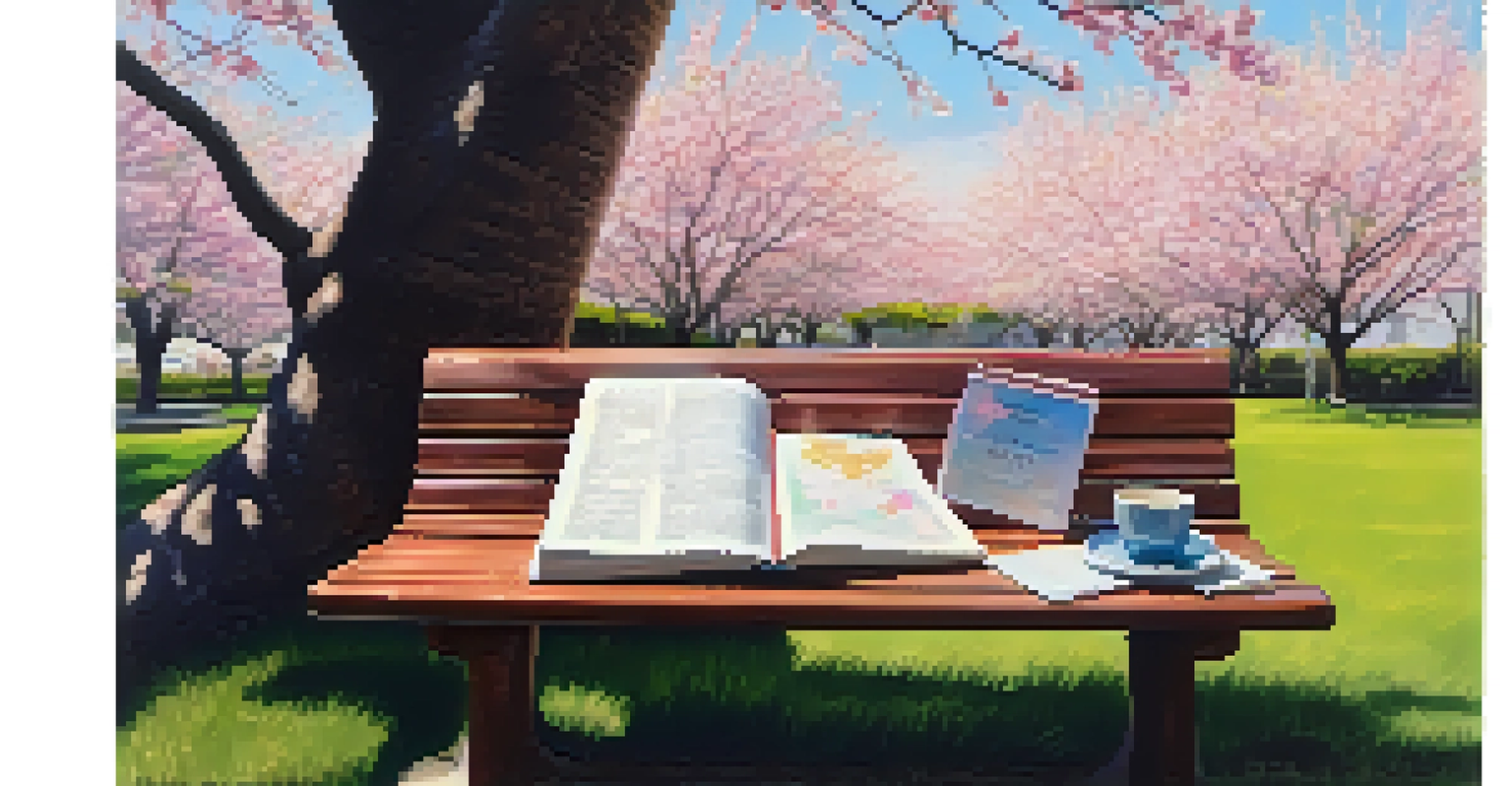 A park bench under a cherry blossom tree with a travel journal and pen, bathed in dappled sunlight.